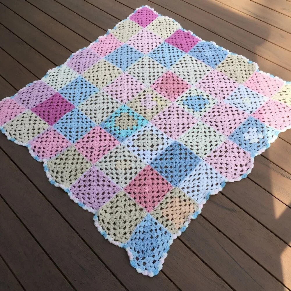 Crochet Knit Afghan Throw Blanket Granny Square Pastels Baby Pink Blue Sofa Cozy
